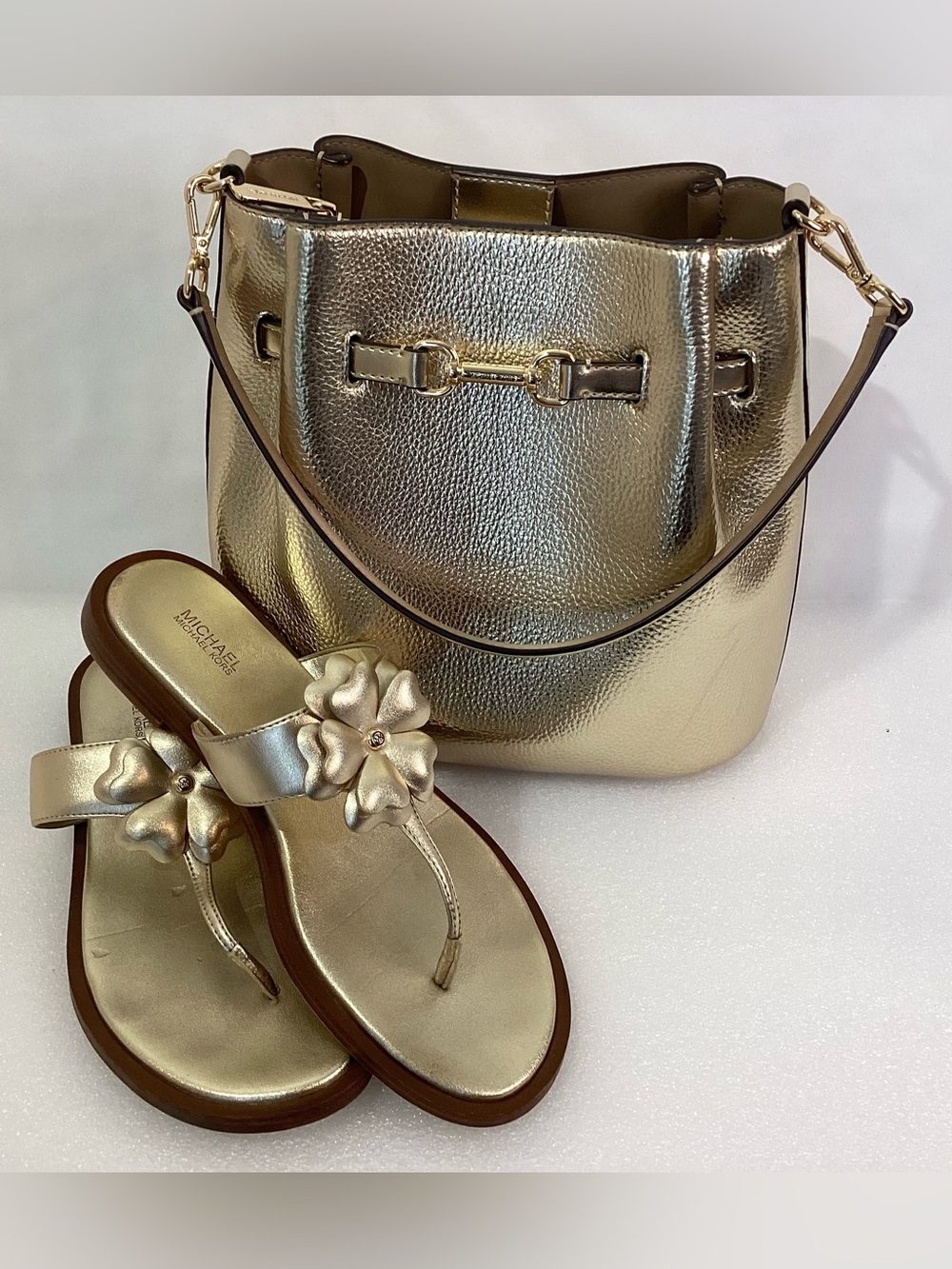 Michael Kors Bundle Purse and Flip Flops Gold Metallic Pebbled Faux Leathe